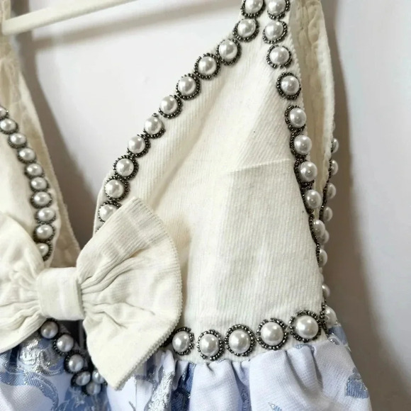 New Free People Pearl Embellished Jacquard Floral Mini Dress White Blue - Picture 12 of 17